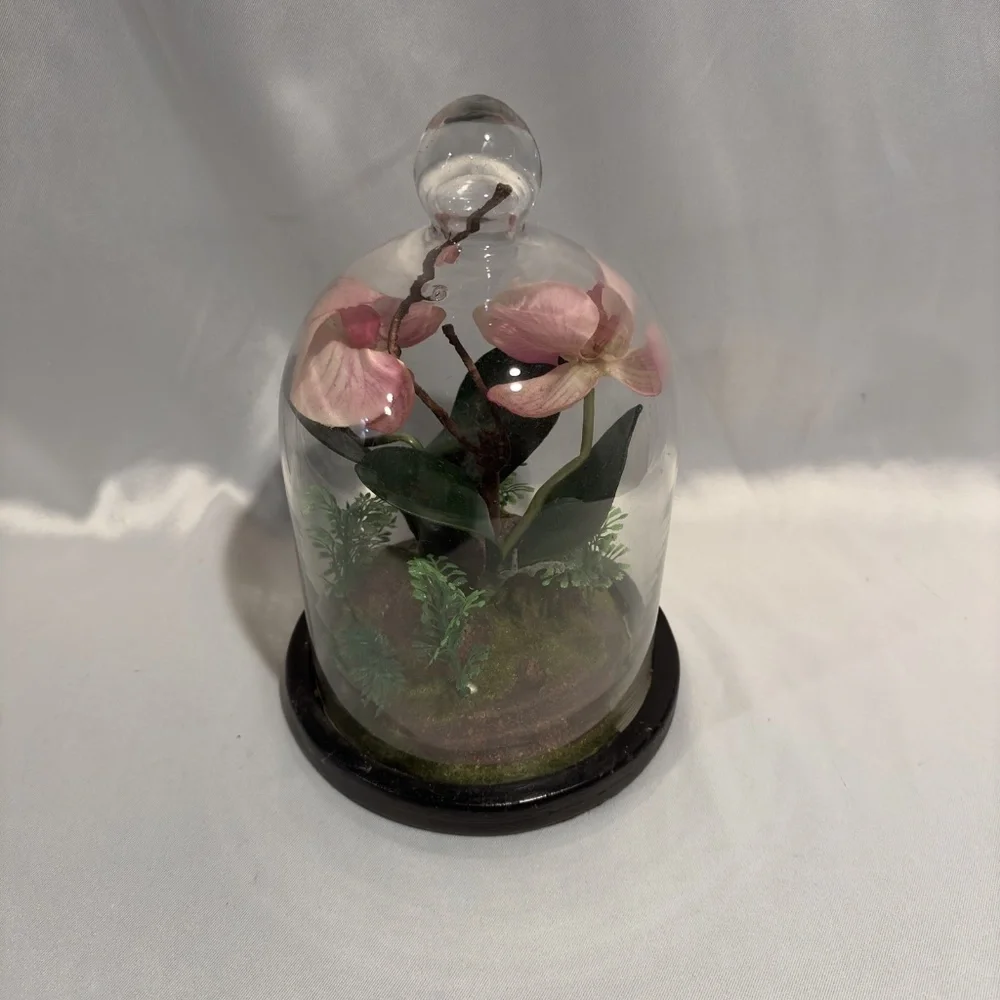 Vintage Pink Faux Orchid Terrarium in Glass Bell Jar 11 Inches Tall